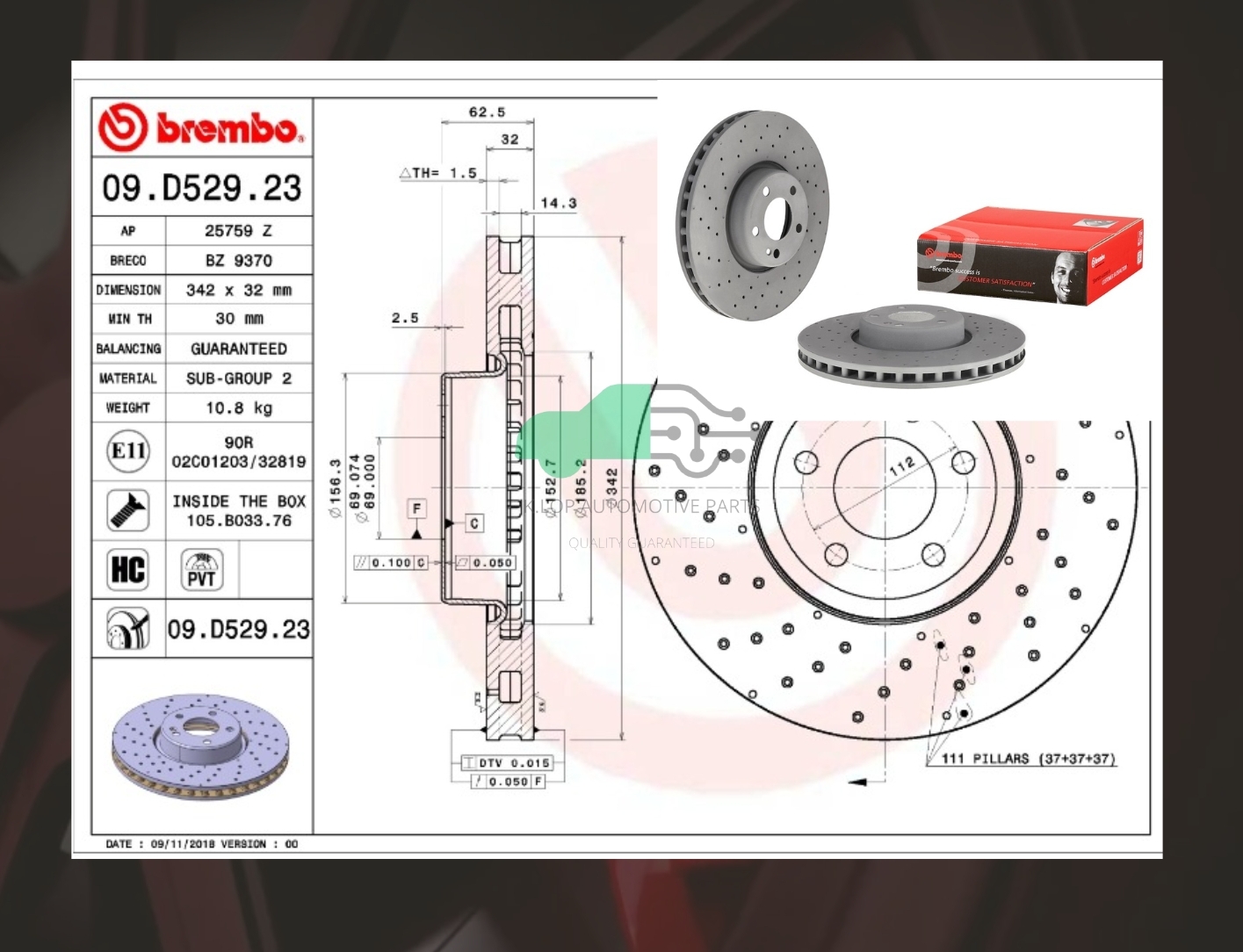 D09 D529 23 จานเบรคหน้า (ยี่ห้อ BREMBO) BENZ C W205, C205 (เจาะรู)(HC) 13-> 342 มิล