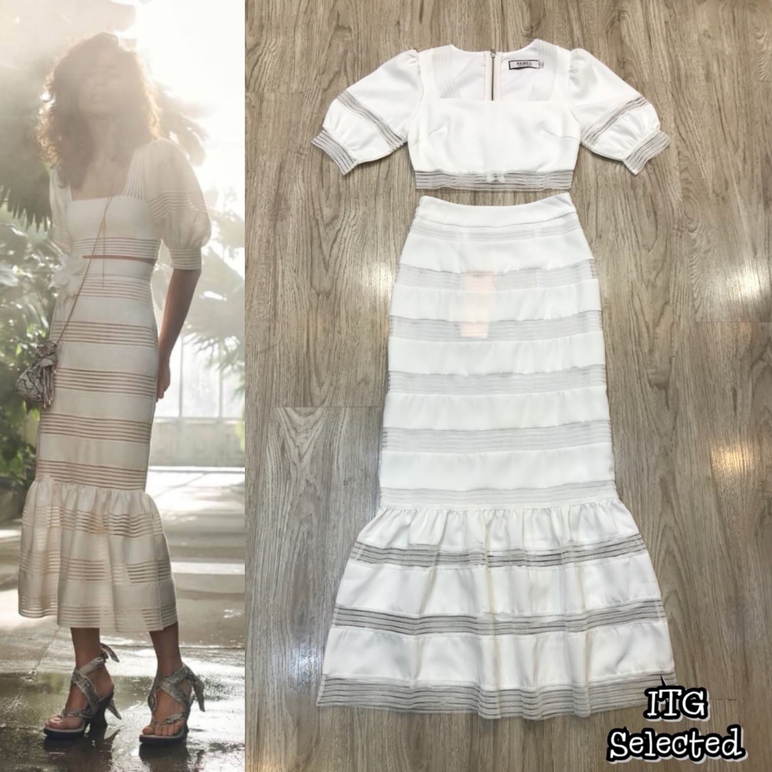 Korea Set :: เสื้อครอปคอเหลี่ยม แขนพอง สุดคูลซีทรูเซ็กซี่นิดๆแมชกับกระโปรงยาวทรงเอชายหางปลา