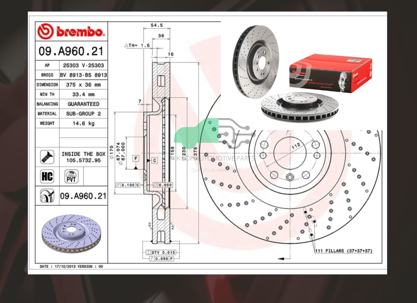 D09 A960 21 จานเบรคหน้า (ยี่ห้อ BREMBO) BENZ W166 ML GLE เจาะรู 12-15