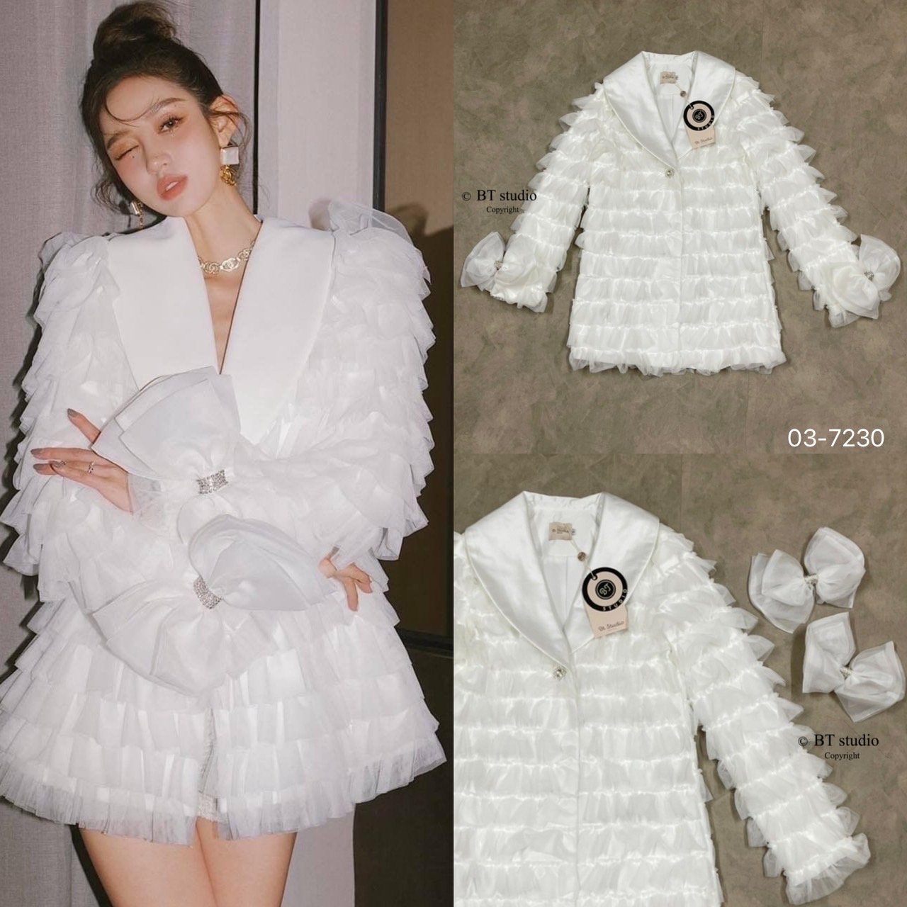 03-7230 เสื้อเบเซอร์แขนยาว คอปกตัดผ้ามันสีขาว แต่งระบายผ้าชีฟองเป็น ชั้น ๆ