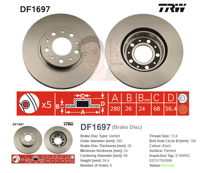 DF1697 จานเบรค-ดรัมเบรค(TRW) VOLVO 740,760 ปี1983-1992 / 940,960 ปี1990-1998 (ABS) <BP> F V