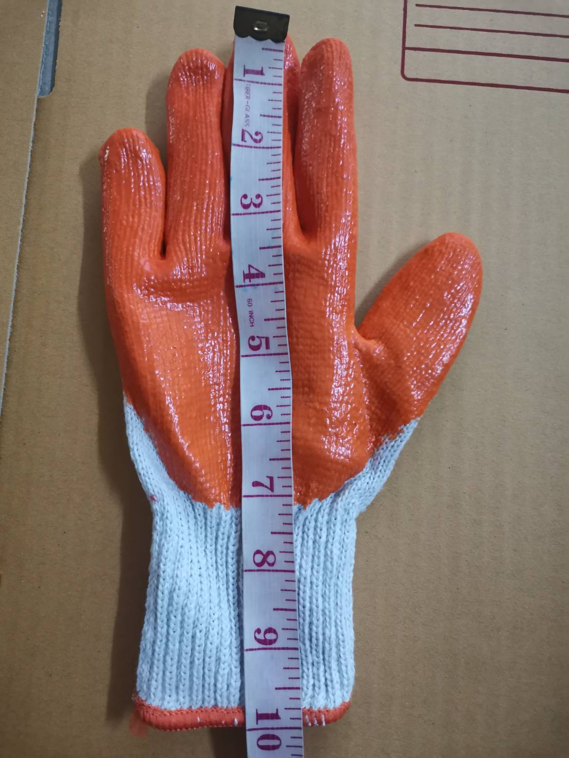 ถุงมือผ้าทอเคลือบยางพาราสีส้ม