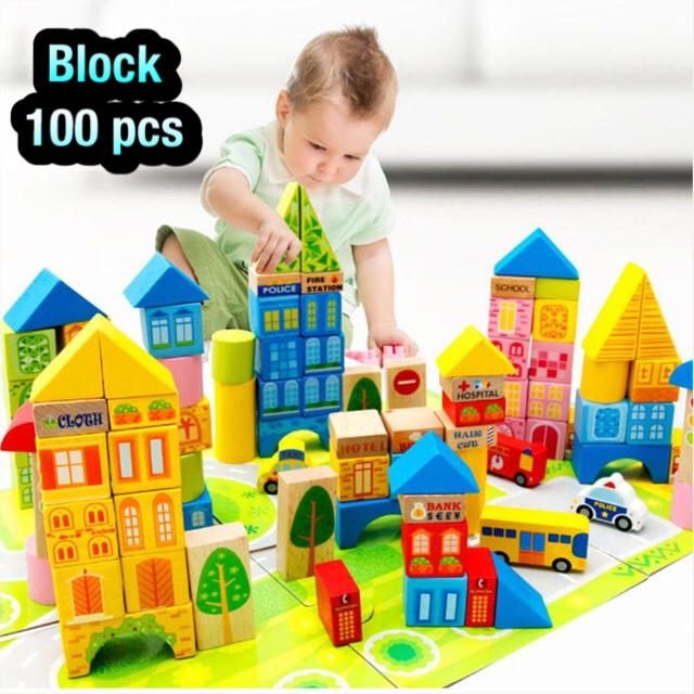 บล็อคไม้สร้างเมือง 100 ชิ้น