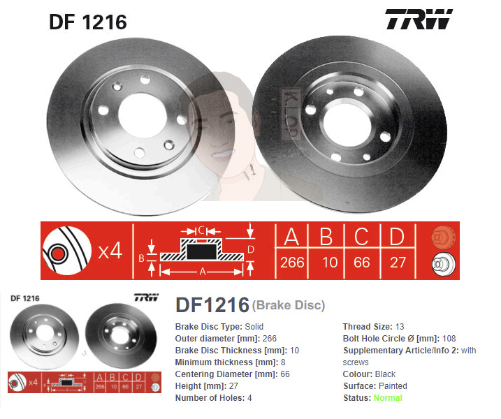 DF1216 จานเบรค-ดรัมเบรค(TRW) PEUGEOT 305 ปี1987-1996 F V / 405 GR ปี1987-1996 F S