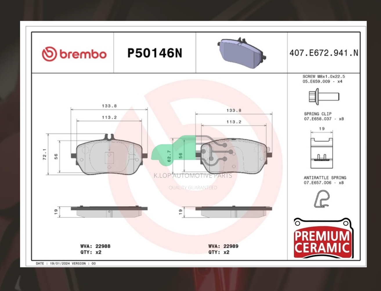 P50 146N ผ้าเบรกหน้า (แท้ BREMBO รุ่น Ceramic) BENZิ A W177 V177 W247 C118 H247 GLA 18->