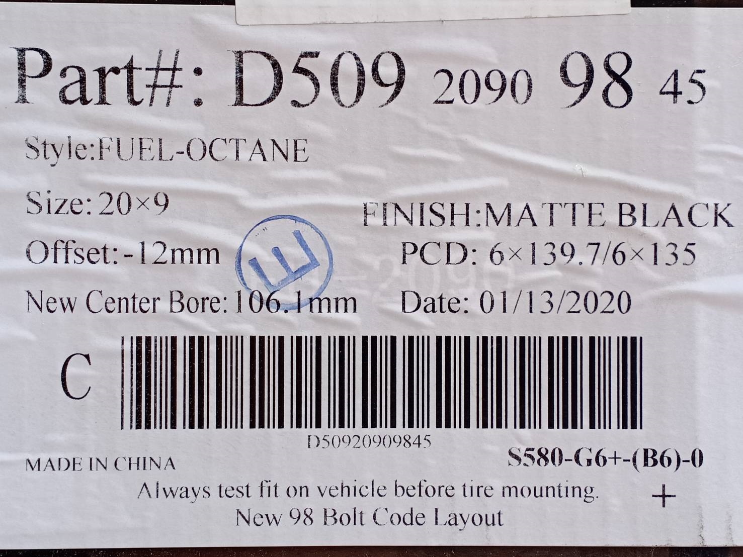 FUEL OCTANE D509 ขอบ20 ET-12 6x139.7/6x135 MATTE BLACK