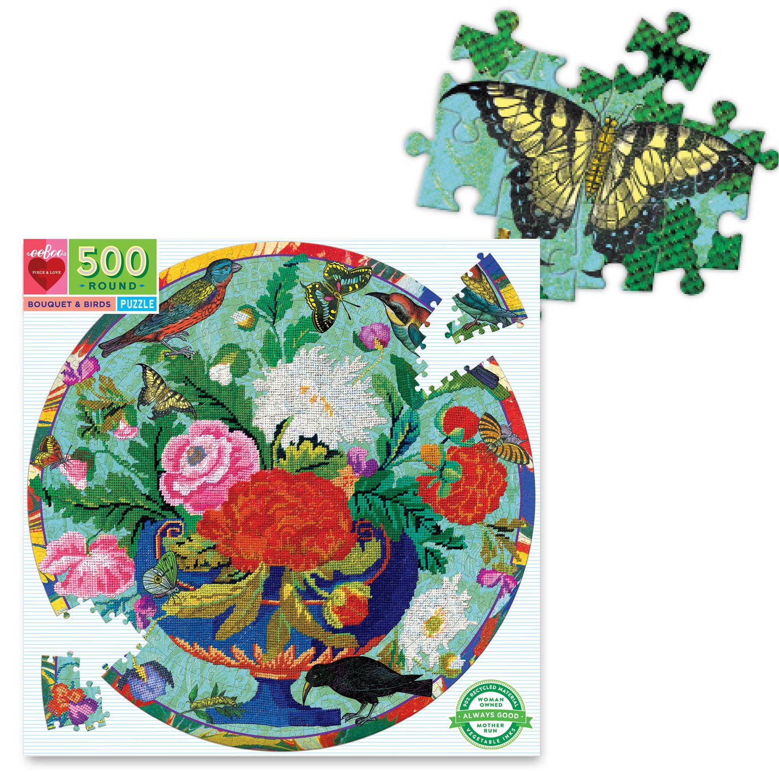eeBoo - Bouquet and Birds (Round Puzzle) 500 pcs.