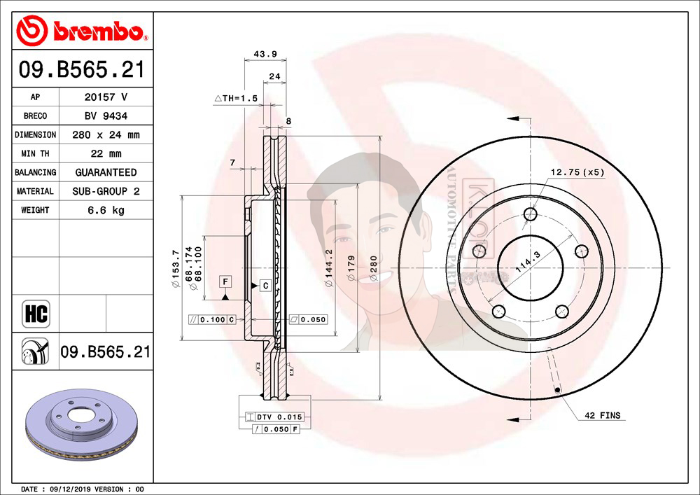 09 B565 21 จานเบรค ล้อ F (ยี่ห้อ BREMBO) รุ่น HC UV NISSAN Teana L33 ปี /NISSAN Sylphy B17, Pulsar ปี13, Juke F15 ปี2012->