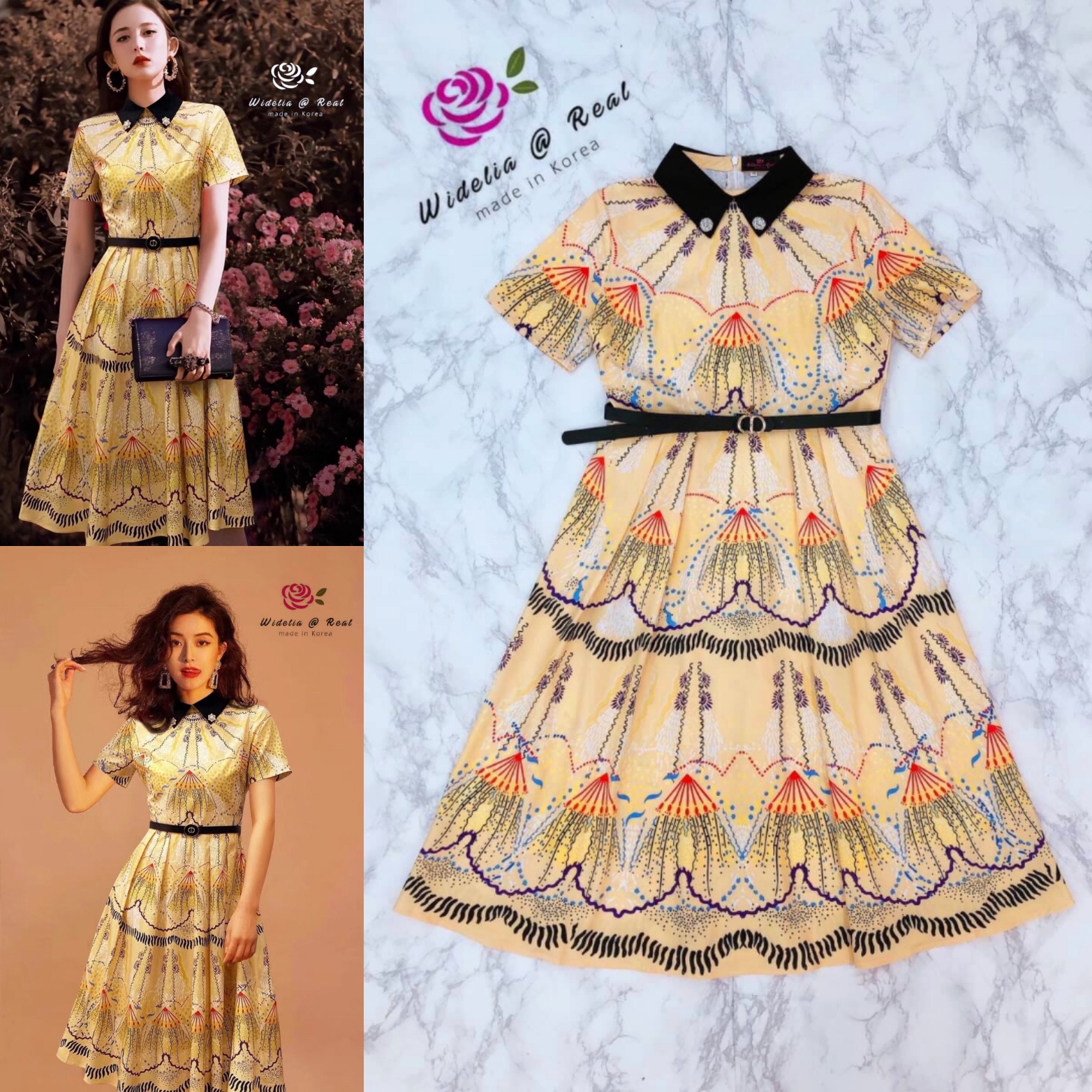 Dress เดรสแขนสั้นแสนสวย คอปกแต่งเพชรสุดหรู มาพร้อมเข็มขัดด้วยน๊า
