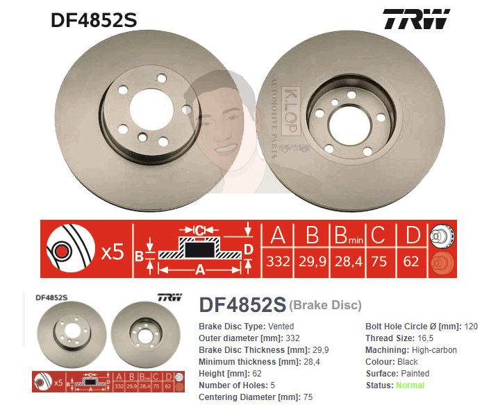 DF4852S จานเบรค-ดรัมเบรค(TRW) BMW X5 (E70) xDrive 30d ปี2008> F V / X6 (E71,72) xDrive 30d ปี2010> F V