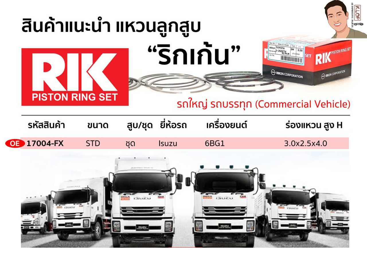 OE 17004-FX แหวนลูกสูบ(RIK-ริกเก้น) ขนาด STD ชุด Isuzu เครื่องยนต์ 6BG1 ร่องแหวน สูง H 3.0x2.5x4.0