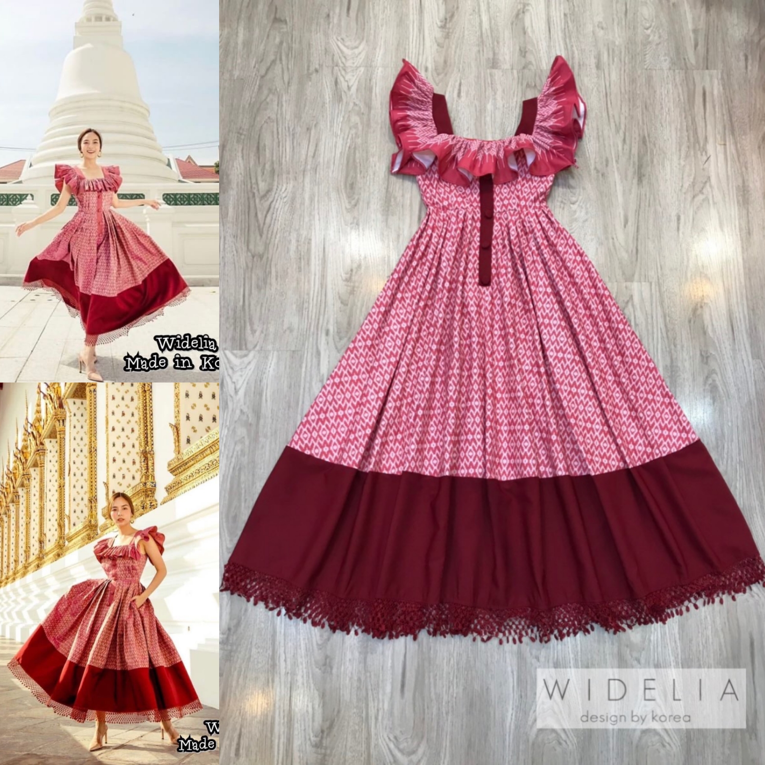 JSD Dress :: เดรสคอเหลี่ยมแขนกุด ช่วงอกแต่งระบายรอบตัว ด้านหน้าแต่งกระดุมเม็ดใหญ่