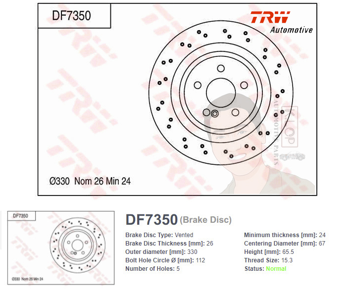 DF7350 จานเบรค-ดรัมเบรค(TRW) BENZ C219 CLS55 AMG (มีรูหน้าหลัง) ปี2004-2011 R V