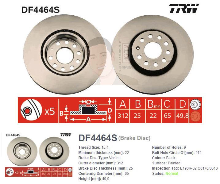 DF4464S จานเบรค-ดรัมเบรค(TRW) VW SCIROCCO 2.0 TSI ปี2008> F V