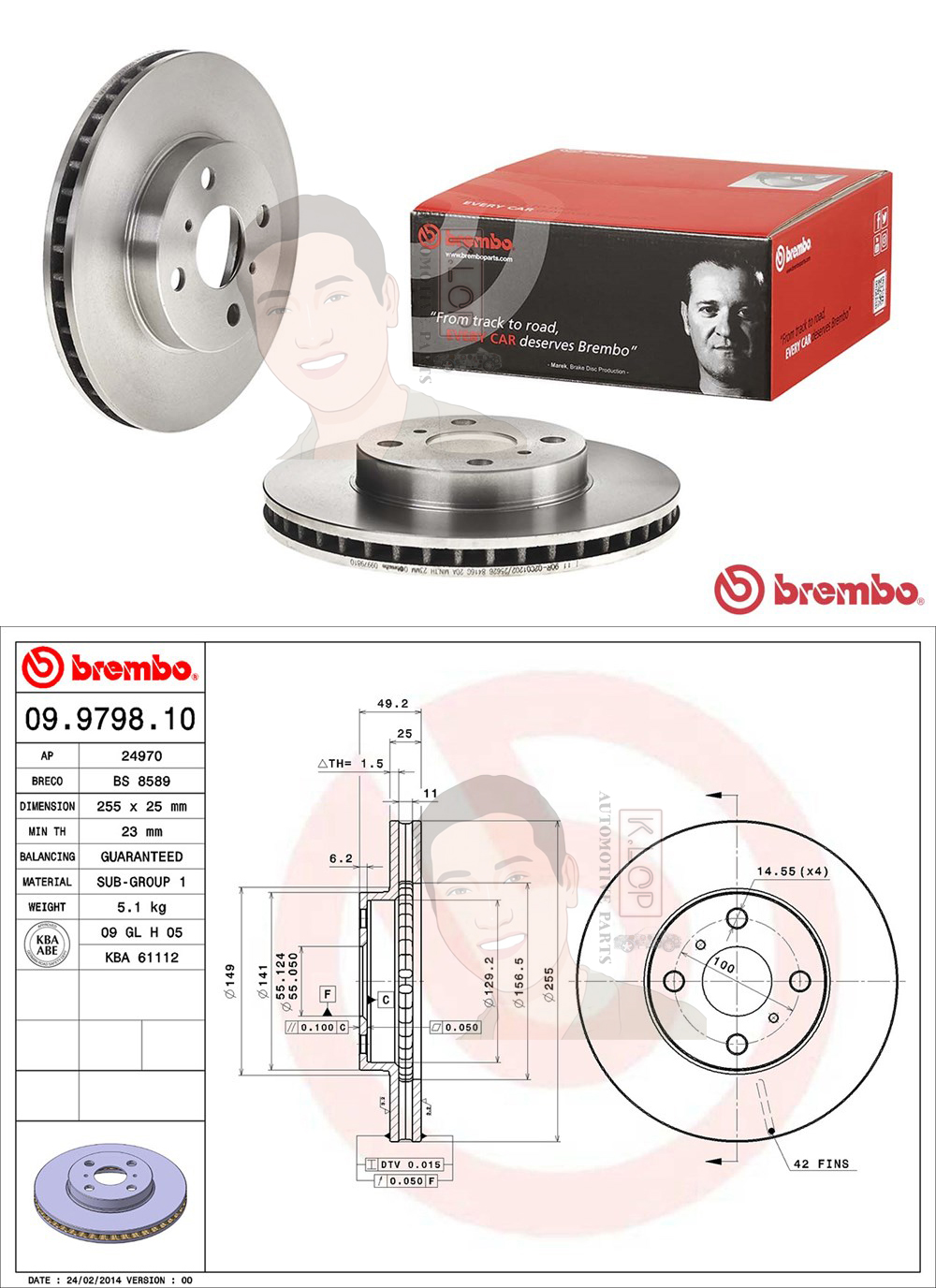 09 9798 10 จานเบรค ล้อ F (ยี่ห้อ BREMBO) รุ่น Std TOYOTA Altis 1.6 1.8 VVTi ปี 2001-2007