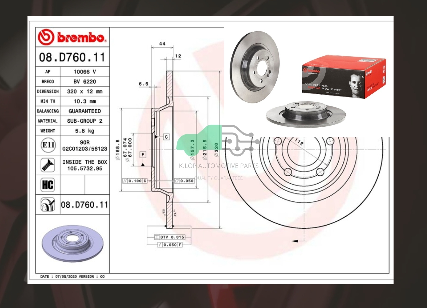 08 D760 11 จานเบรคหลัง (ยี่ห้อ BREMBO) BENZ A W177, C118, GLA H247, GLB X247 2018-