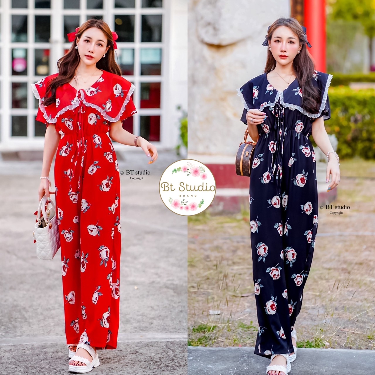 01-0596 จั้มสูทขายาวแขนสั้นแต่งระบายช่วงปก