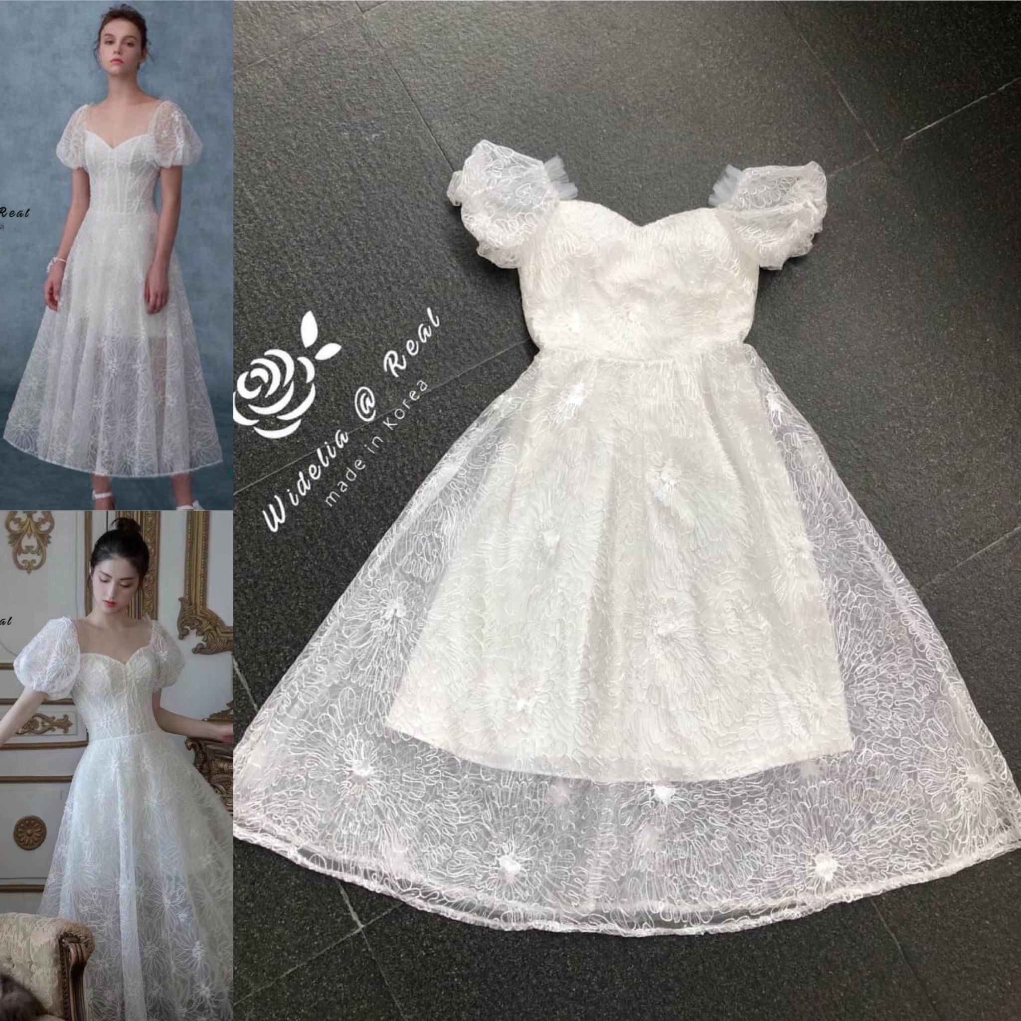 Korea Dress เดรสแขนพองแสนสวย เนื้อผ้างานปักลูกไม้มาอย่างดี