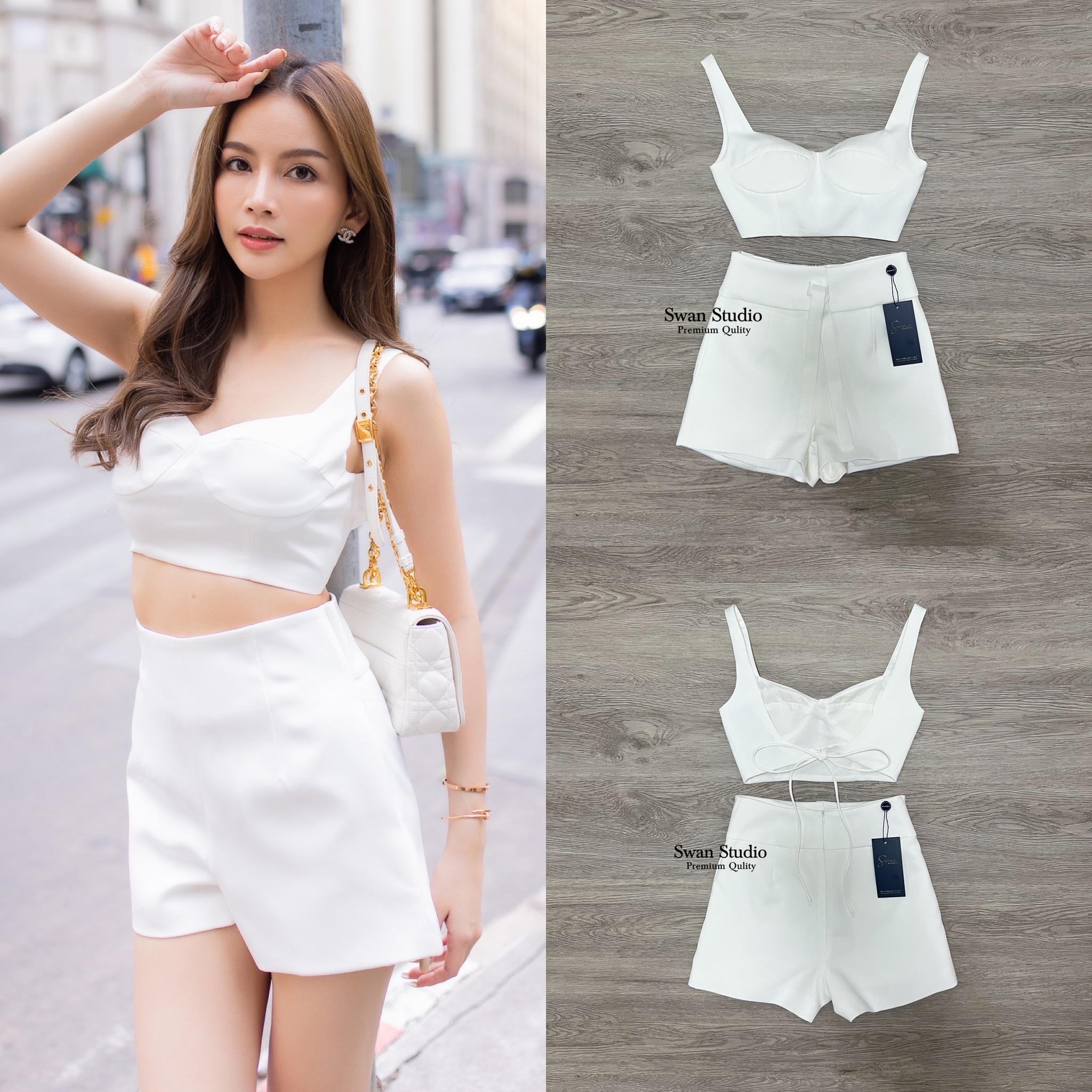 เซทเสื้อครอปสายเดี่ยวสีขาว ด้านหลังเป็นสายมัดโบว์