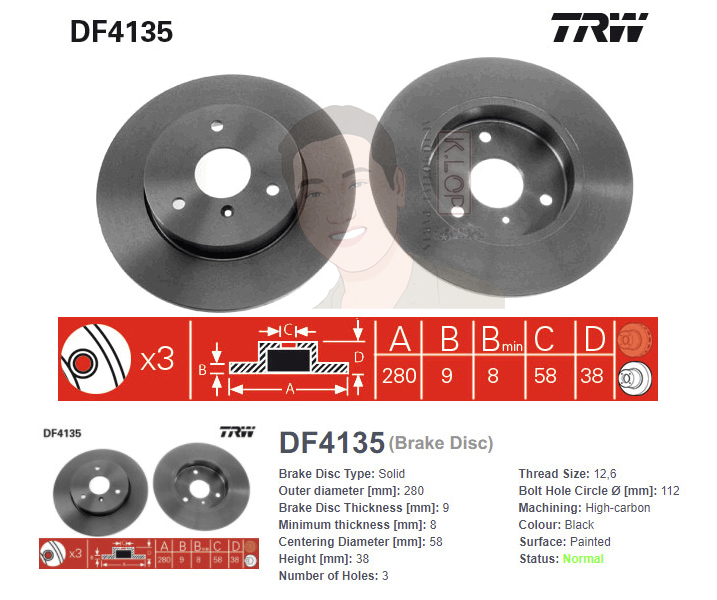 DF4135 จานเบรค-ดรัมเบรค(TRW) BENZ SMART FORTWO ปี2007 F V