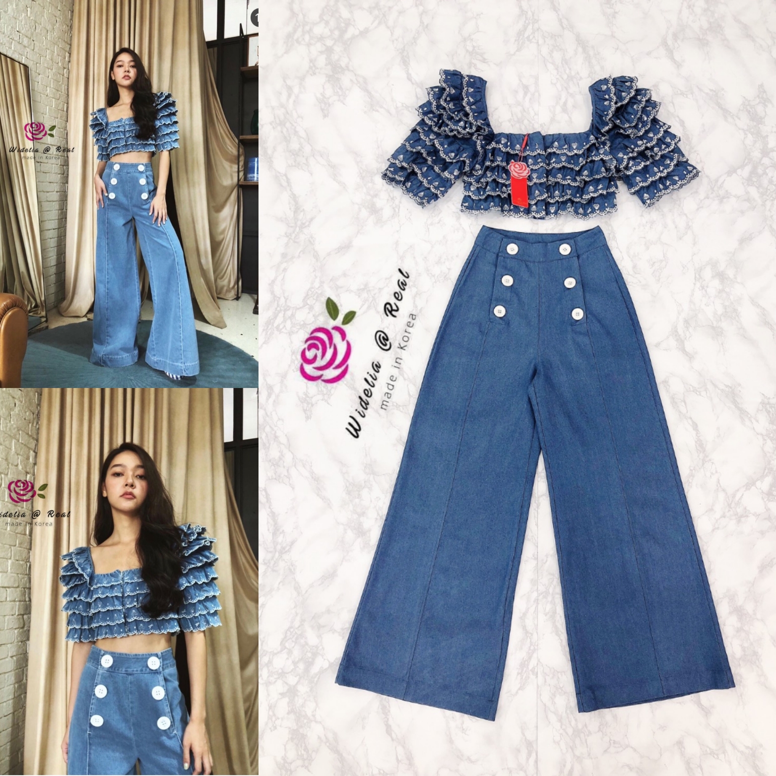 Landmee Set Top+Pant เซ็ทเสื้องานปักกับกางเกงเอวสูงขาบานอลัง