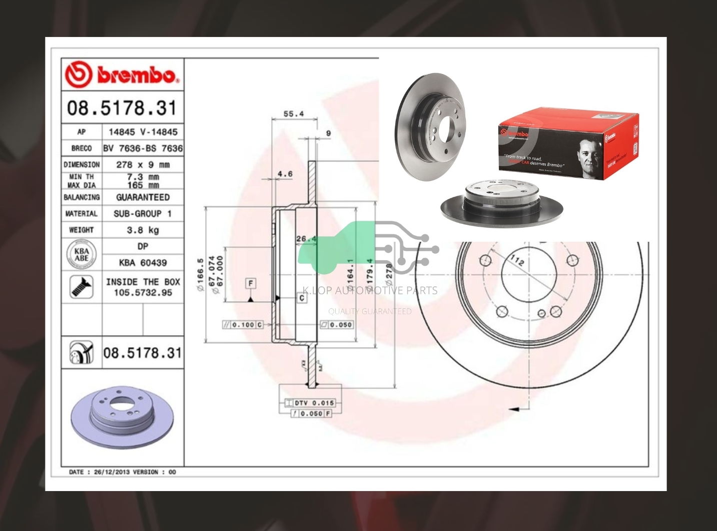 08 5178 31 จานเบรคหลัง (ยี่ห้อ BREMBO) BENZ SLK R170 R171 96-11/C W203, CLK C208 C209/E W210 (200 230 240)