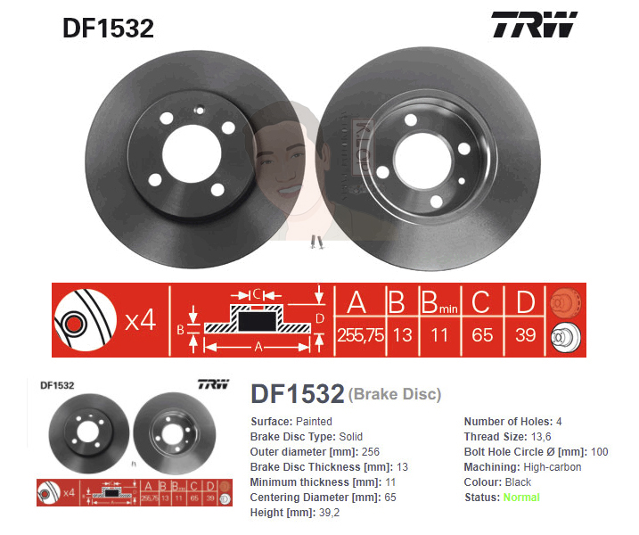 DF1532 จานเบรค-ดรัมเบรค(TRW) VW GOLF III 5DR (1.8 ABS), VENTO (1.8 ABS), PASSAT 2.0 (ปี1990-1995) ปี1995-1998 F S