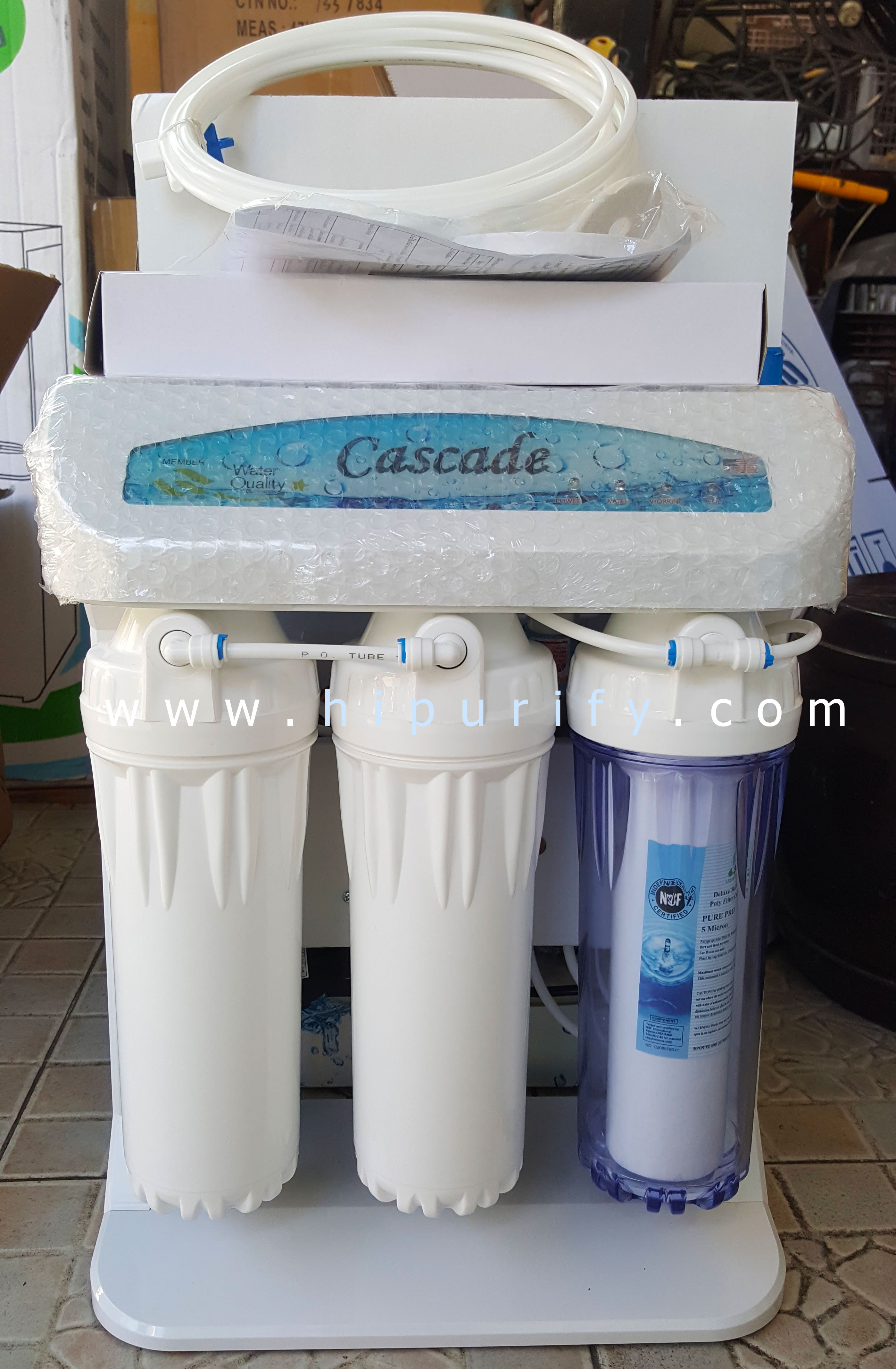 เครื่องกรองน้ำ RO 75GPD รุ่น Cascade โครงฝาครอบ + ถังสำรองน้ำ 3.2 GL (อุปกรณ์ติดตั้งครบชุด)