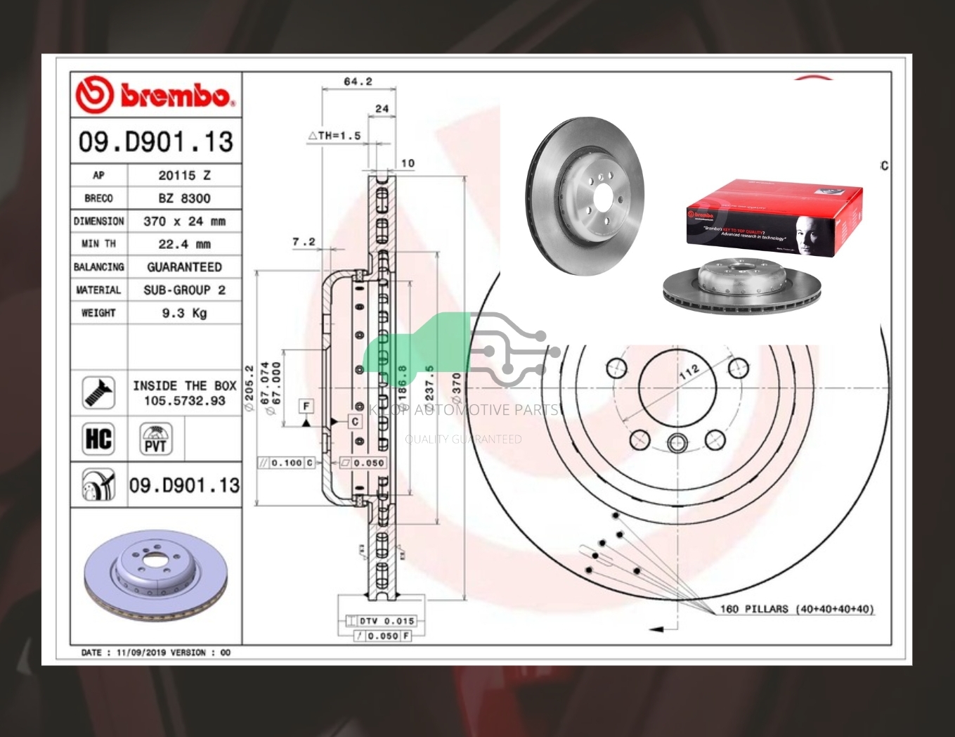 09 D901 13 จานเบรคหลัง (ยี่ห้อ BREMBO) BMW ซีรี่ส์ 3 G20, 5 G30, 6 G32, 7 G12, X3 G01, X4 G02, X5 G05 (HC) 2016-