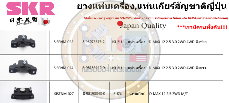 ชุดยางแท่นเครื่อง SKR : OEM JAPAN (ISUZU ALL NEW D-MAX 2.5 M/T 4x2)