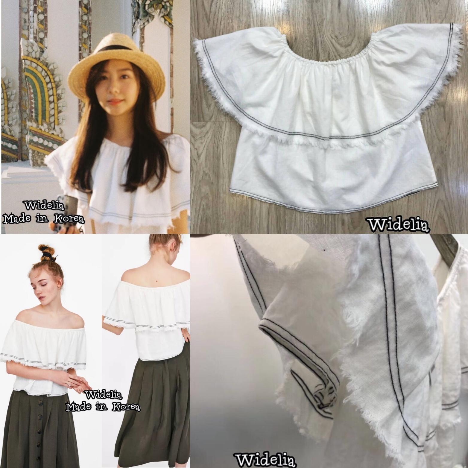 Zara Top::เสื้อแขนสั้นปาดไหล่ ตกแต่งระบายปล่อบขอบชายรุ่ย