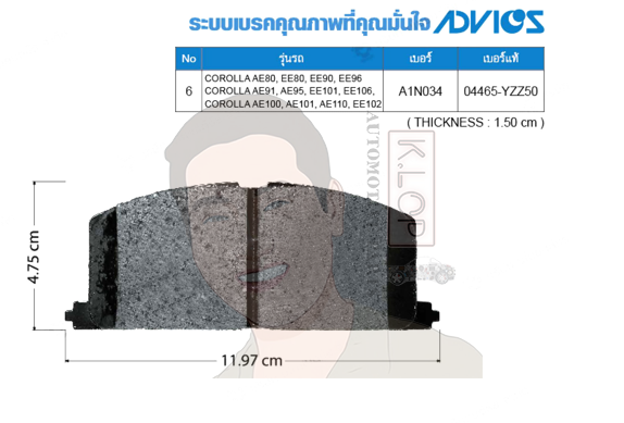 A1N034 ผ้าเบรกหน้าแท้ญี่ปุ่น ADVICS : รุ่น AE80,AT171