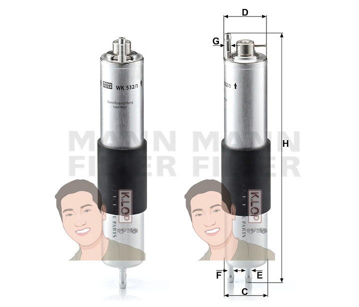 WK532/1 กรองเบนซิน(BMW) E46(316I,318I,320I),Z3(2.2,3.0) เครื่องยนต์ M52,M54,N42 (MANN-FILTER***งานพรีเมี่ยมแท้นำเข้ายุโรป) Dimensions(mm.) C=55 E=8 F=8 G=8 H=315