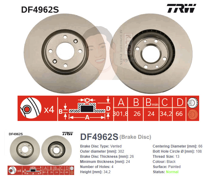 DF4962S จานเบรค-ดรัมเบรค(TRW) CITROEN DS4 (THP155) ปี2012 F V