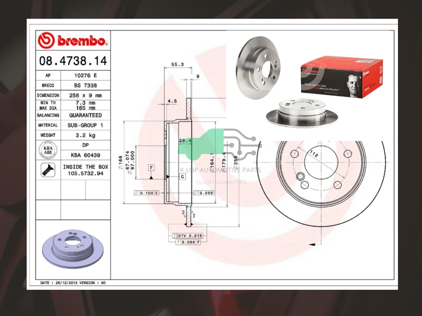 08 4738 14 จานเบรคหลัง (ยี่ห้อ BREMBO) STD BENZ W201 (190E) 82-97/E W124 (E200 E220 E280 E300 300D)