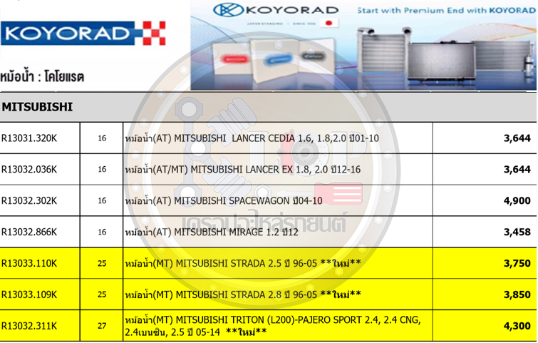 แผงหม้อน้ำ KOYORAD (MITSUBISHI รุ่นอื่นๆ สนใจติดต่อได้เลย ราคาดูตรงรายละเอียดครับ) MADE IN JAPAN