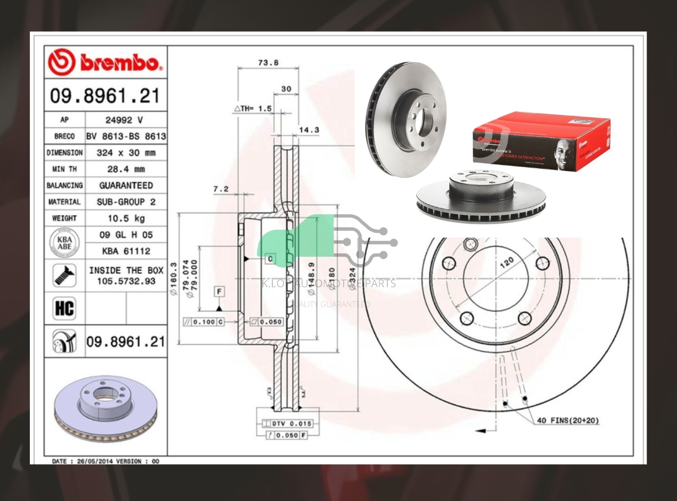 09 8961 21 จานเบรคหน้า (ยี่ห้อ BREMBO) BMW ซีรี่ส์ 5 E39 (530i) (HC) 95-03
