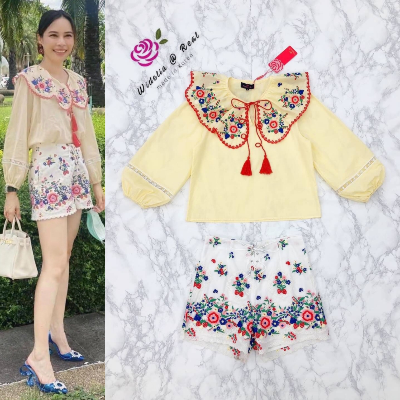 SRS Set Top & Pant เซ็ทเสื้อแขนยาวปกคอระบายกับกางเกงขาสั้นร้อยเชือกผูกโบว์