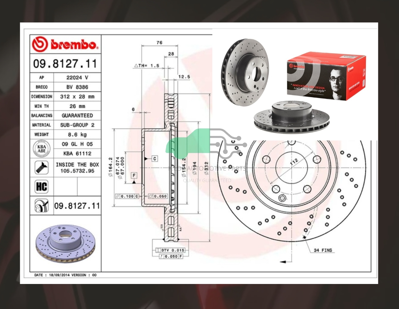 D09 8127 11 จานเบรคหน้า (ยี่ห้อ BREMBO) BENZ S W220 (280 320 350) (เจาะรู) (HC)