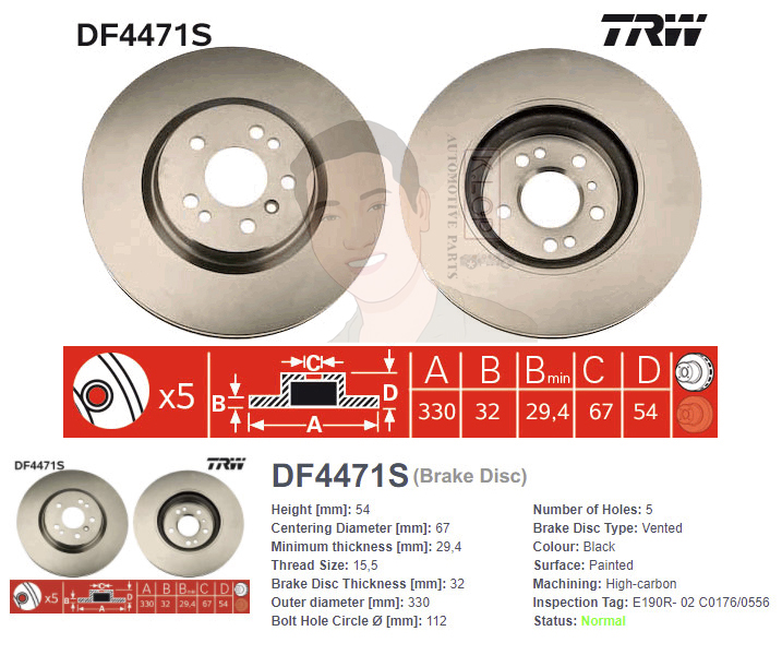 DF4471S จานเบรค-ดรัมเบรค(TRW) BENZ W164 ML280 CDI ปี2007> /W251 R350 ปี2007> /W163 ML320 ปี2005-2010 F V