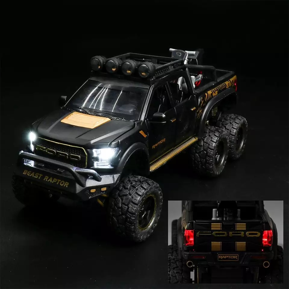 โมเดลรถเหล็ก Ford Raptor 6 ล้อ บรรทุกรถ scale 1:28 มีเสียงมีไฟ (ปลีก-ส่ง)