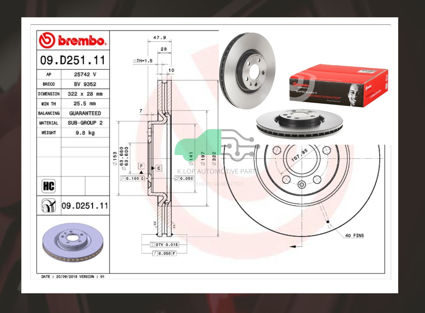 09 D251 11 จานเบรคหน้า (ยี่ห้อ BREMBO) Volvo XC40 XC60 II S90 II V90 II (HC) 2016-