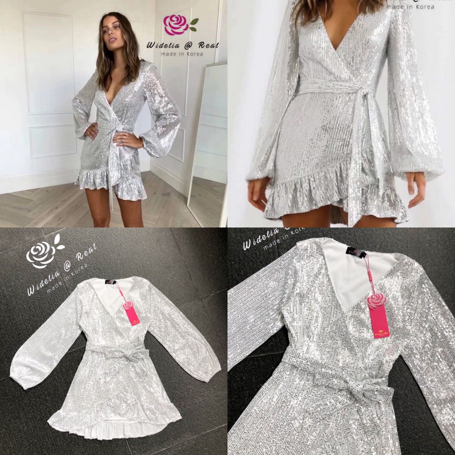 Korea Dress เดรสตัวสั้น ทรงคอวีป้ายหน้ามาพร้อมกับเชือกผูกเอวเเบบไขว้สุดเก๋