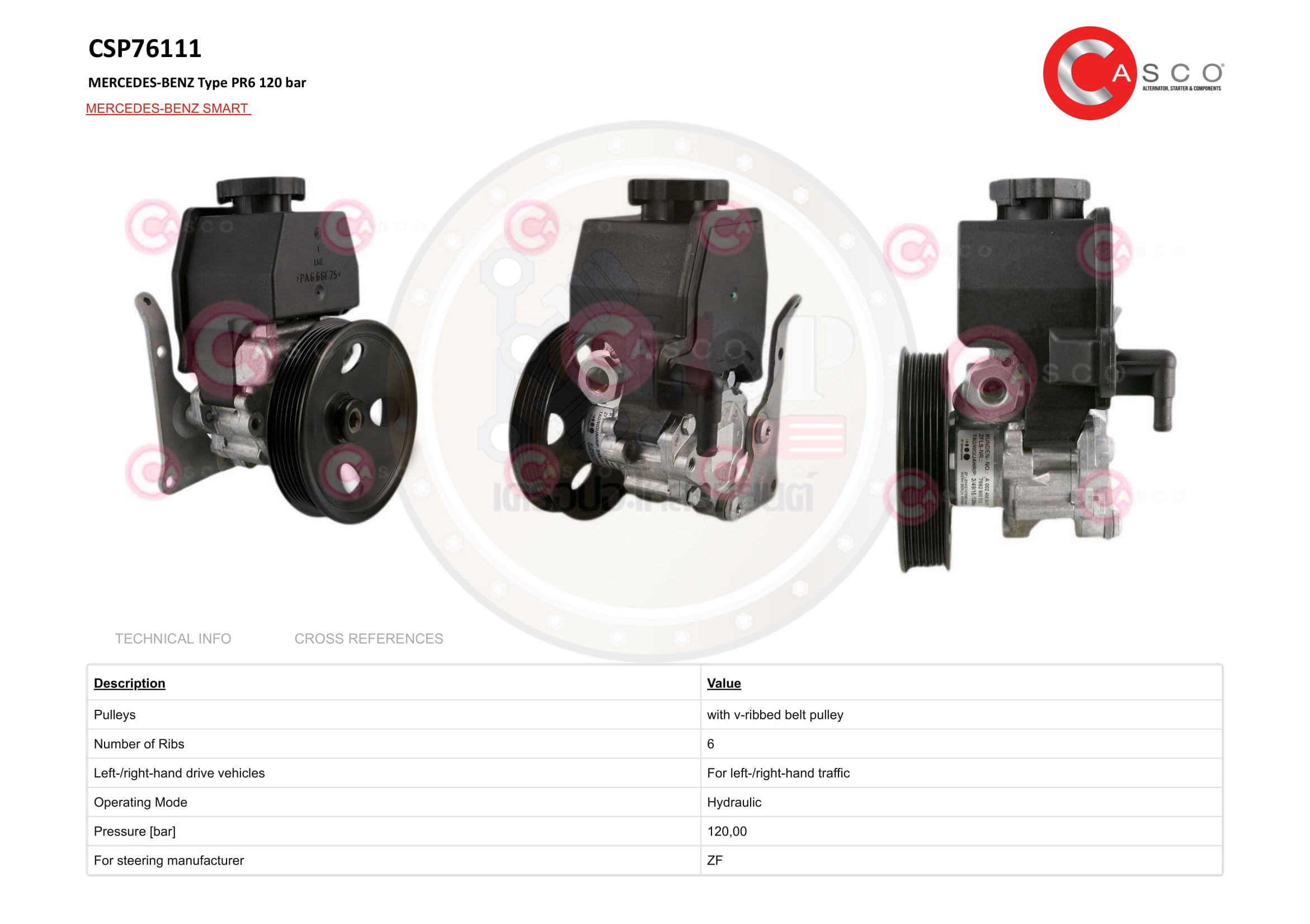 21.CSP76111GS ปั๊มพวงมาลัยเพาเวอร์(CASCO) BENZ รุ่น W203 (M111 C180) แรงดัน 120
