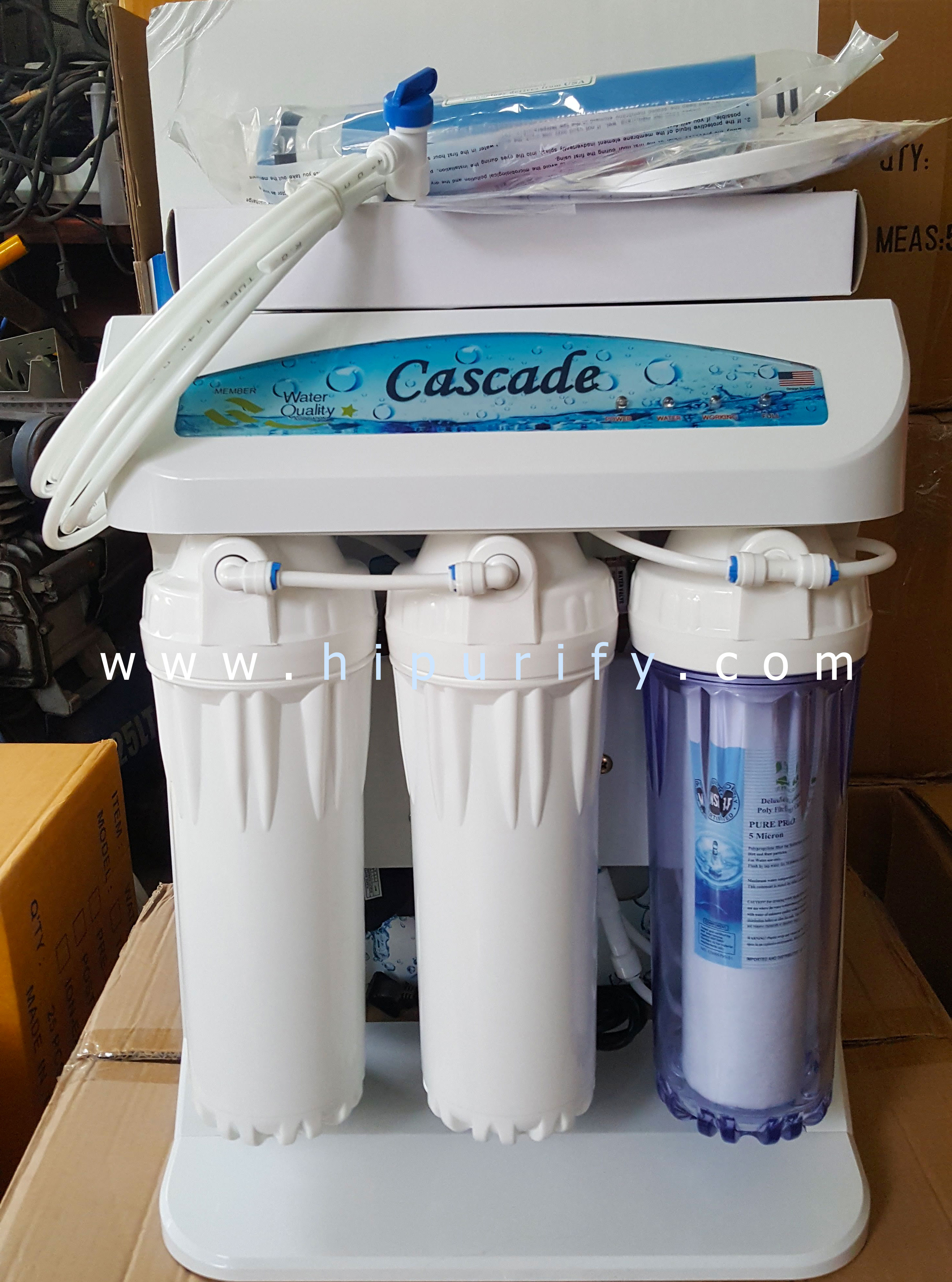 เครื่องกรองน้ำ RO 75GPD รุ่น Cascade โครงฝาครอบ + ถังสำรองน้ำ 3.2 GL (อุปกรณ์ติดตั้งครบชุด)