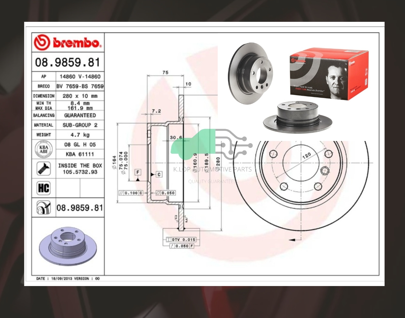 08 9859 81 จานเบรคหลัง (ยี่ห้อ BREMBO) BMW ซีรี่ส์ Z4 E85 (2.0 2.2 2.5) (HC) 03-09