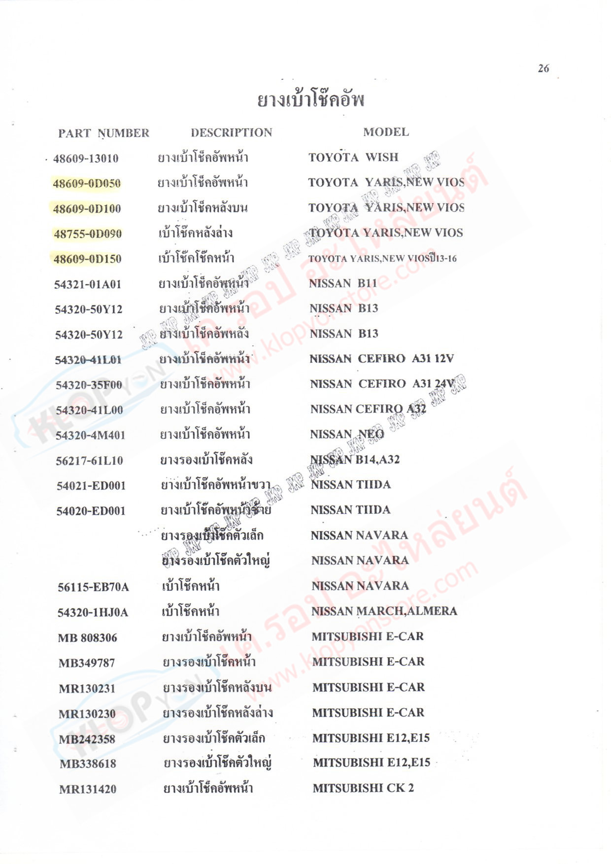 ยางเบ้าโช็คอัพ,เบ้าโช็คอัพ (ยี่ห้อJKP) TOYOTA,NISSAN,MITSUBISHI,MAZDA,HONDA,ISUZU,CHEVRROLET,HYUNDAI,SUZUKI