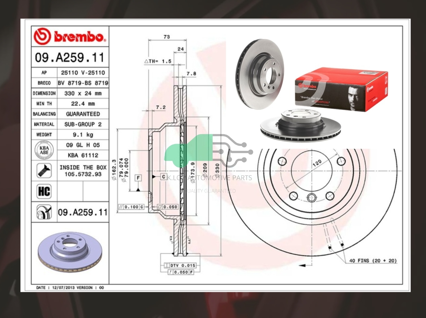 09 A259 11 จานเบรคหน้า (ยี่ห้อ BREMBO) BMW ซีรี่ส์ 3 E92 (325i) (HC) 07-10