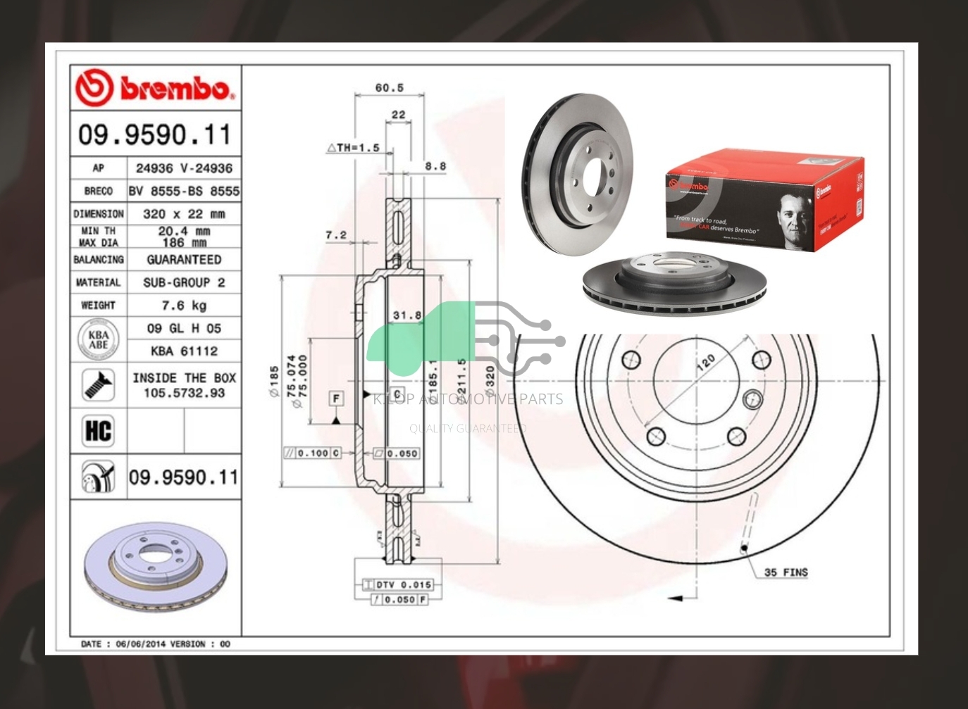 09 9590 11 จานเบรคหลัง (ยี่ห้อ BREMBO) BMW ซีรี่ส์ 3 E46 (330i) (HC) 00-05