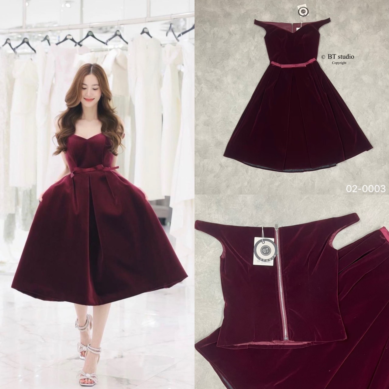 02-0003 เ ซท 2 ชิ้น เสื้อกำมะหยี่ปาดไหล่ ช่วงอกแต่งคอวี